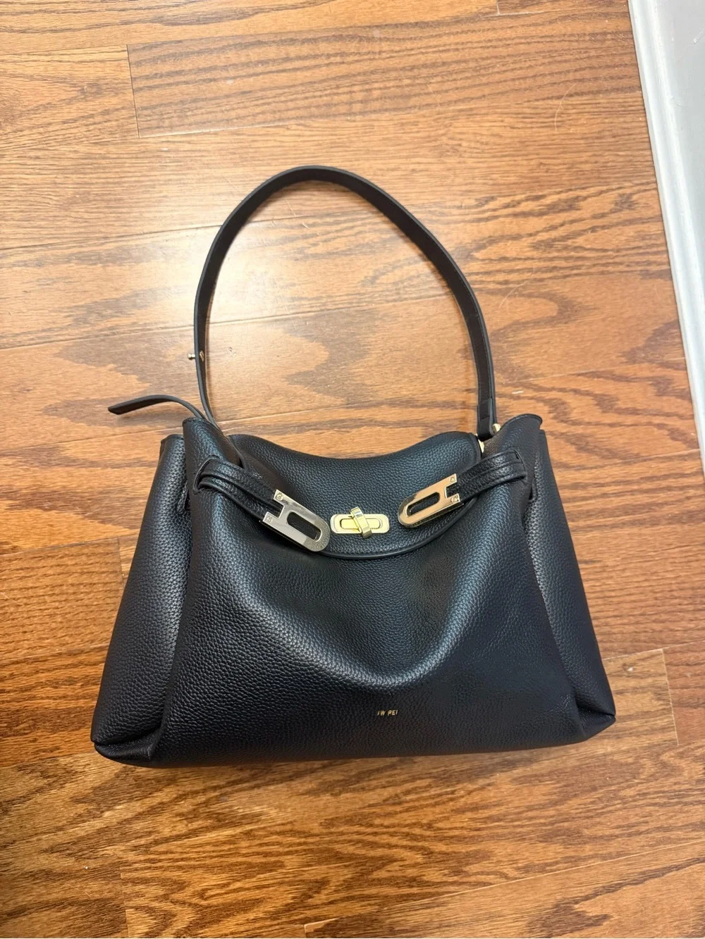 JW Pei Rhea Pebbled Double Buckle Shoulder Bag Black Gold Hardware